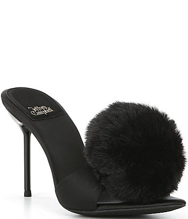 Jeffrey Campbell Shopaholic Satin Faux Fur Pom-Pom Ornament Dress Slide Sandals - 6 | Dillard's