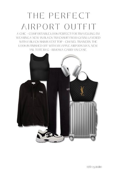 A chic + comfortable look perfect for travelling + keeping warm when I arrive in the alps. I’m wearing a new-in black tracksuit from ganni, layered with a black skims vest top + chanel trainers. The look is finished off with my apple airpods max, new ysl tote bag + rimowa carry on case.

#LTKstyletip #LTKeurope #LTKtravel