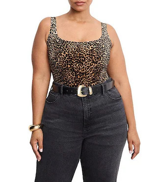 Plus Size Velvet Leopard Print Modern Square Neck Sleeveless Tank Bodysuit | Dillard's