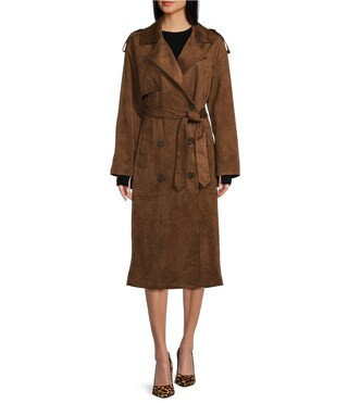 Button Front Tie Waist Faux Suede Trench Coat | Dillard's