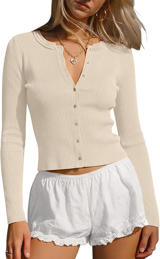 Darong Women's Long Sleeve Ribbed Knit Slim Fit Top Button Down Lightweight Cardigan Going Out Sh... | Amazon (US)