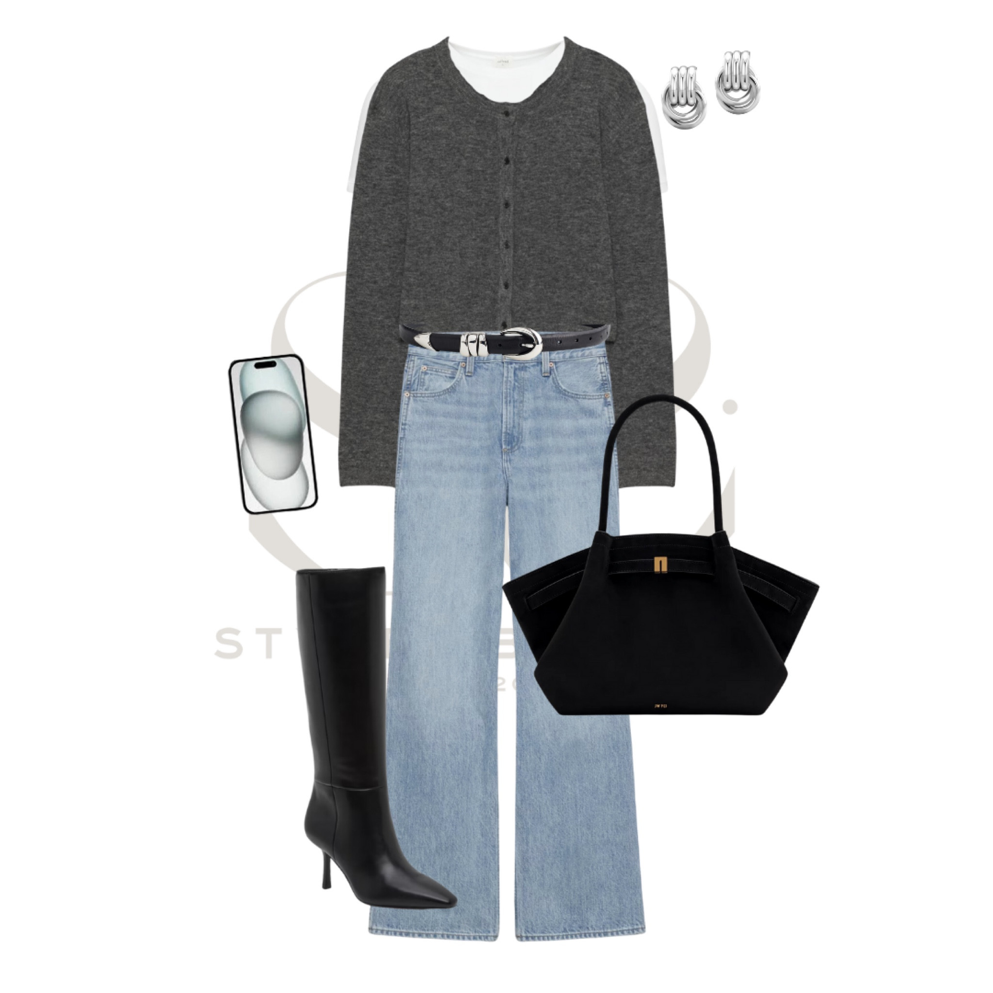 Aritzia Capsule Wardrobe; capsule wardrobe style; white button up, grey mini skirt, black blazer, loafers, suede bag, grey cardigan, wide leg jeans, black boots 

#LTKSeasonal #LTKfindsunder50 #LTKsalealert