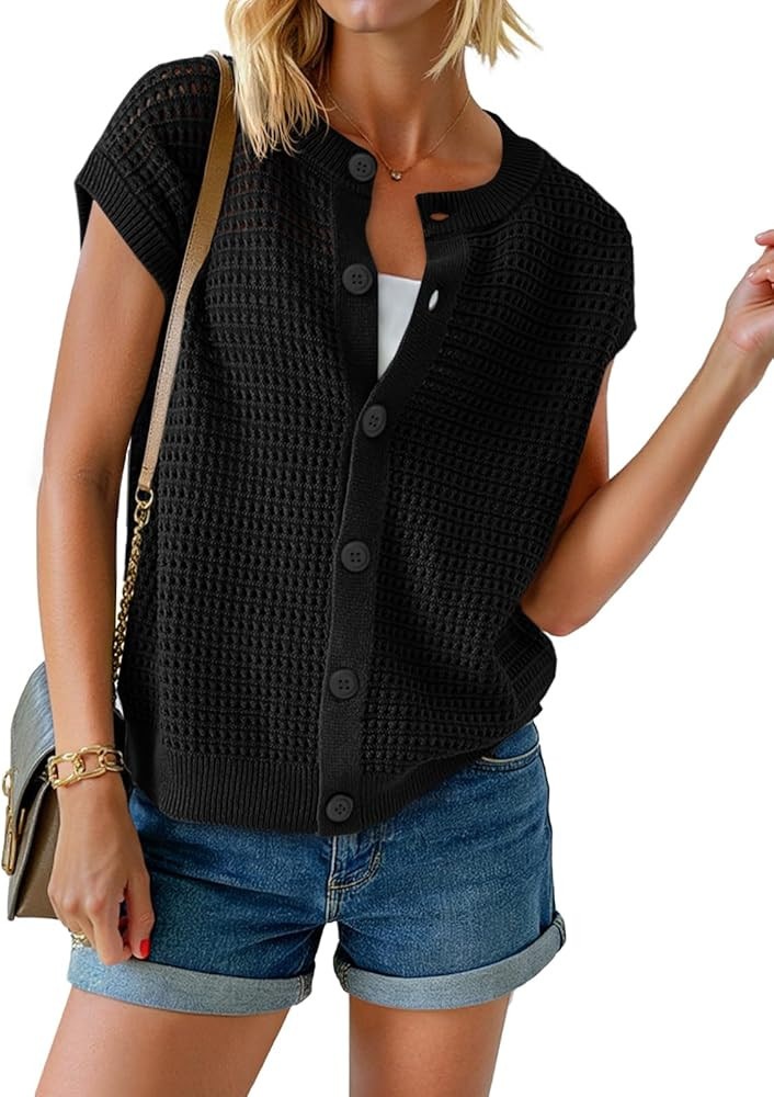 Saodimallsu Womens Short Cap Sleeve Sweater Vest Crochet Button Down Cardigans Crew Neck Summer K... | Amazon (US)