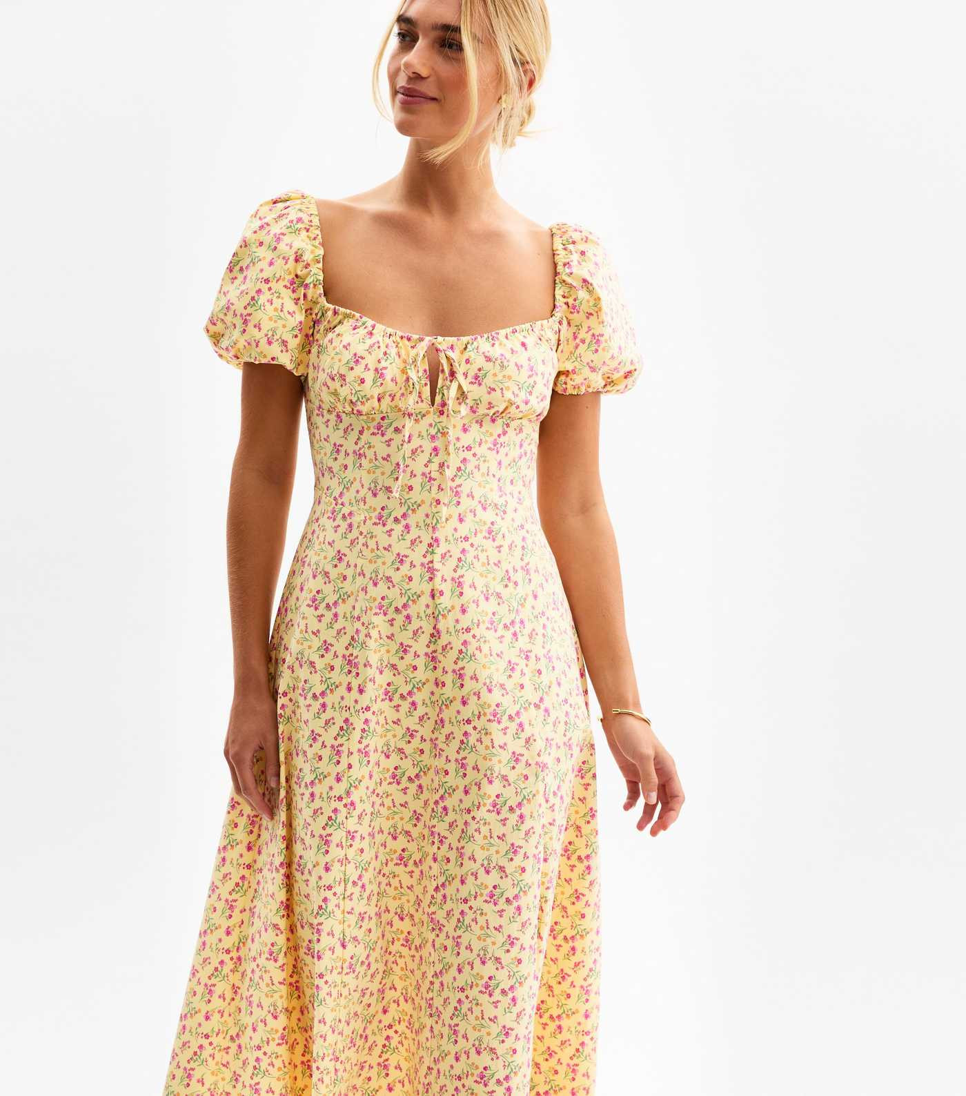 Yellow Floral Print Puff Sleeve Midi Dress | New Look | New Look (UK)