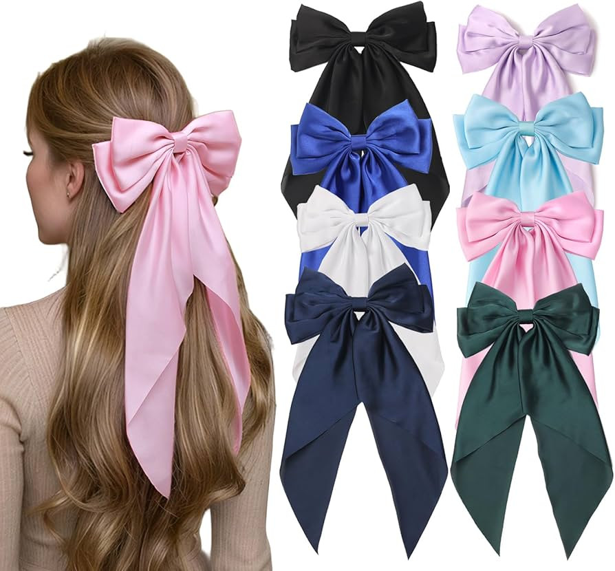 Furling Pompoms Hair Bows for Women,Large Satin Silky Hair Bow Clips Ribbon Long Tail French Barr... | Amazon (US)