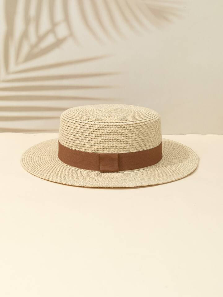 1pc Khaki British Style Vintage Fashion Sun Protection Belt Beach Sunshade Flat Top Straw Hat | S... | SHEIN