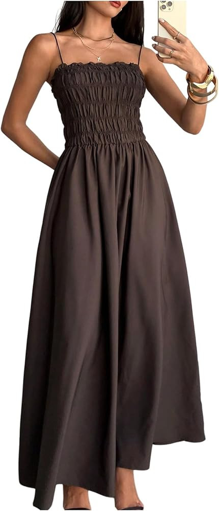 Floerns Women's Summer Long Dresses Spaghetti Strap Shirred Flared Hem Prom Cami Dresses | Amazon (US)