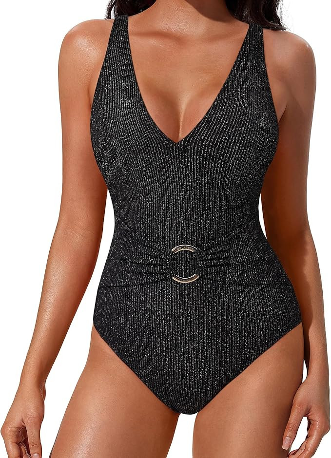 Women Retro One Piece Swimsuit Metal Tummy Control V Neck Bathing Suit | Amazon (US)