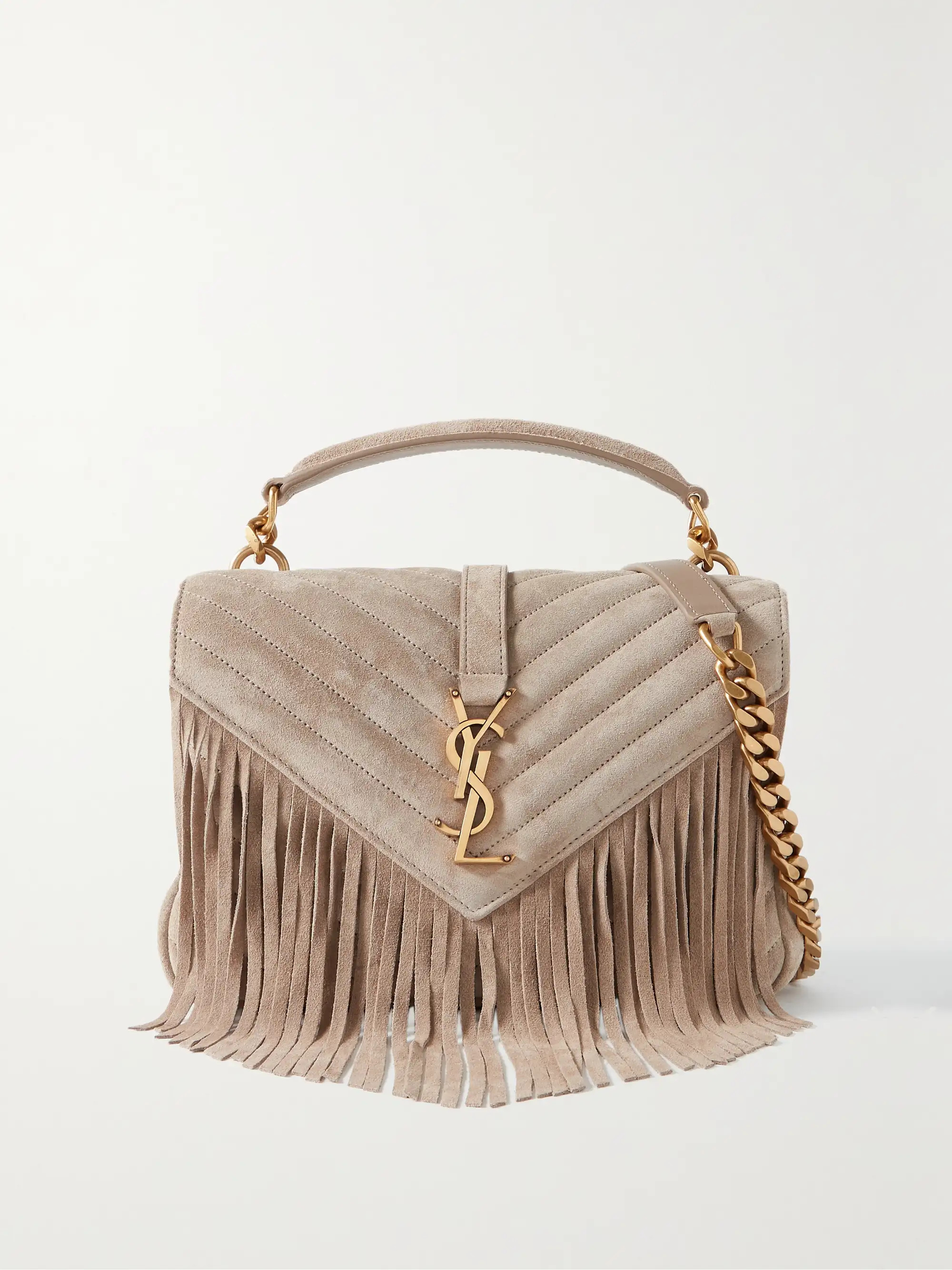 Taupe College fringed quilted suede shoulder bag | SAINT LAURENT | NET-A-PORTER | NET-A-PORTER (US)