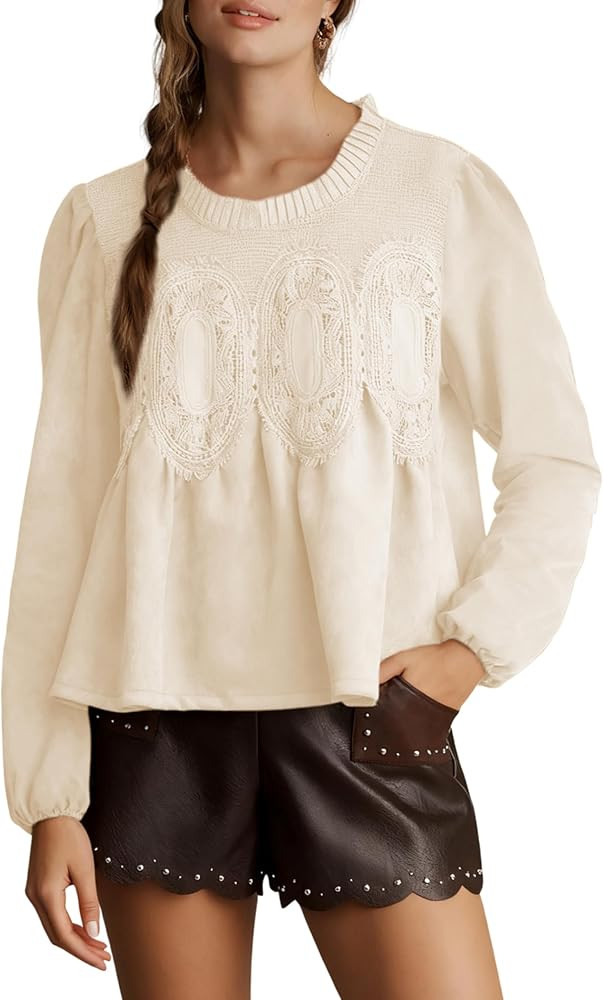 Women's Faux Suede Lace Poplin Mesh Peplum Babydoll Tops Long Puff Sleeves Crew Neck Flared Swing... | Amazon (US)