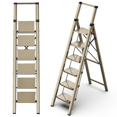 GameGem Step Ladder 6 Step Folding, Aluminum Ladders for High Ceilings, Tall Closet, Cabinet, 6 ft Lightweight Step Ladder with Anti-Slip Foot for Home Use, 330Lbs Load, Champange Gold | Amazon (US)