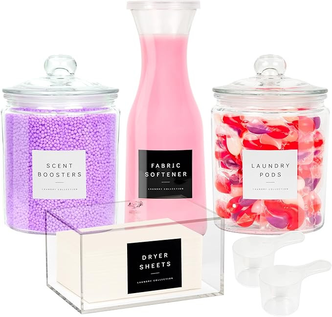 Glass Laundry Room Organization and Storage Set with Pods Container, 40 oz Detergent Dispenser, F... | Amazon (US)