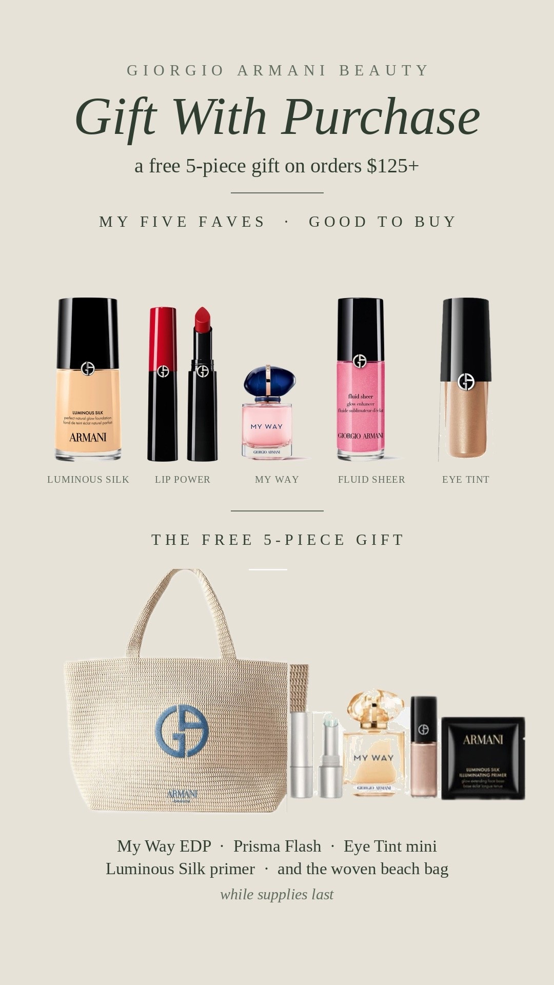 Armani Beauty gift with purchase is live and this one is worth it. Free 5-piece beauty gift on orders $125+, and these are the five I’d put in the cart to get there. Luminous Silk foundation for the glow, Lip Power in a red that does not budge, Fluid Sheer glow enhancer, Eye Tint, and My Way perfume. The gift includes a My Way mini, Luminous Silk primer, Eye Tint mini, Prisma Flash, and the woven beach bag. Luxury makeup that actually earns the splurge. Tap to shop the Armani beauty edit before it sells out.

armanibeauty, giftwithpurchase, luminoussilk, luxurymakeup, beautygift, armanimakeup, mywayperfume, designerbeauty

#LTKBeauty #LTKootd #LTKOver40