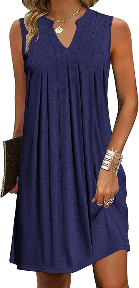 HOTOUCH Women Casual A-Line Dress with Pockets 2024 Sleeveless V Neck Pleated Sundress Loose T-Sh... | Amazon (US)