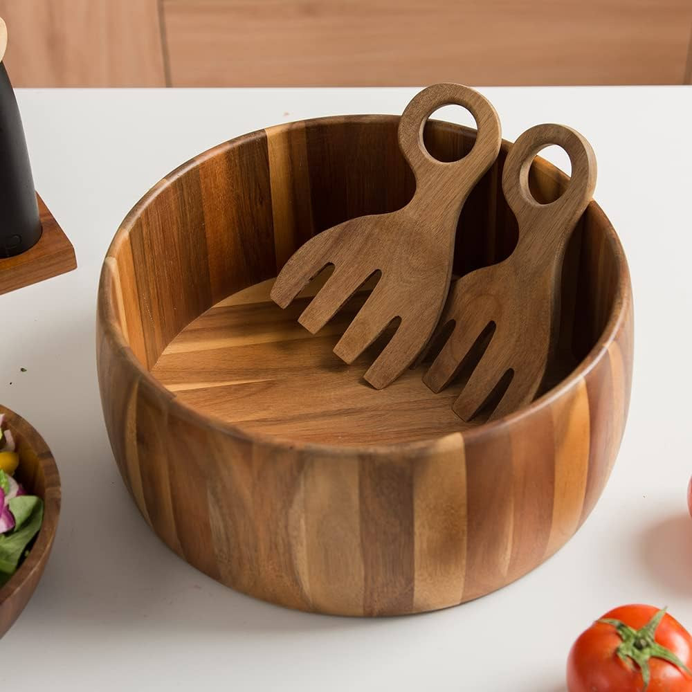 Wood Salad Bowl with Salad Hands, Large 12 5/8 inch Acacia Wooden Salad Serving Bowl Set, Salad M... | Amazon (US)
