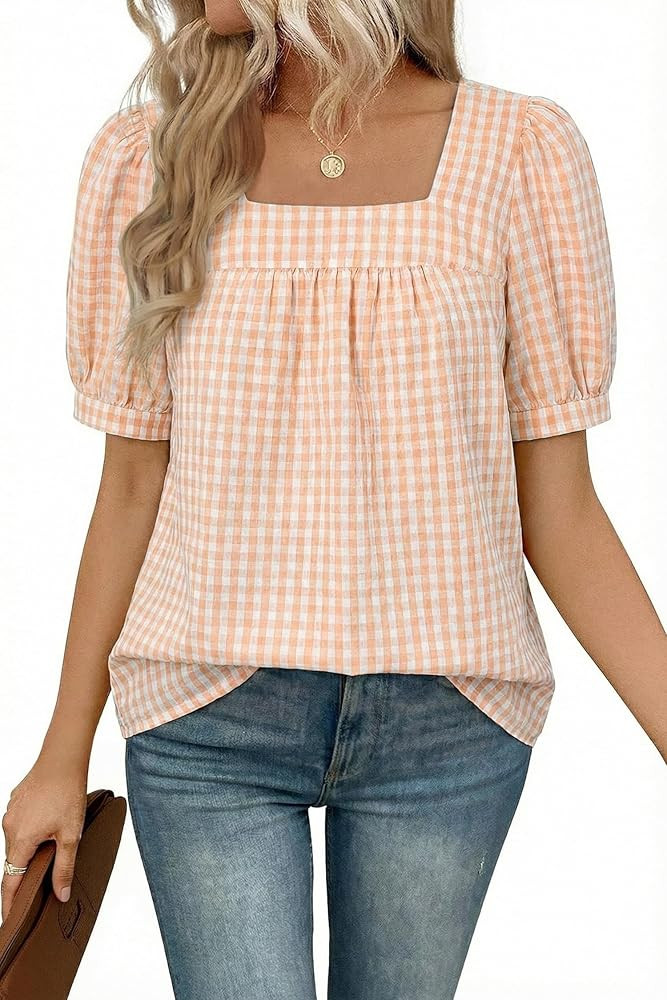 EVALESS Tops for Women Short Sleeve Tunic Blouse Square Neck Gingham Tops Cotton Blend Plaid Shir... | Amazon (US)