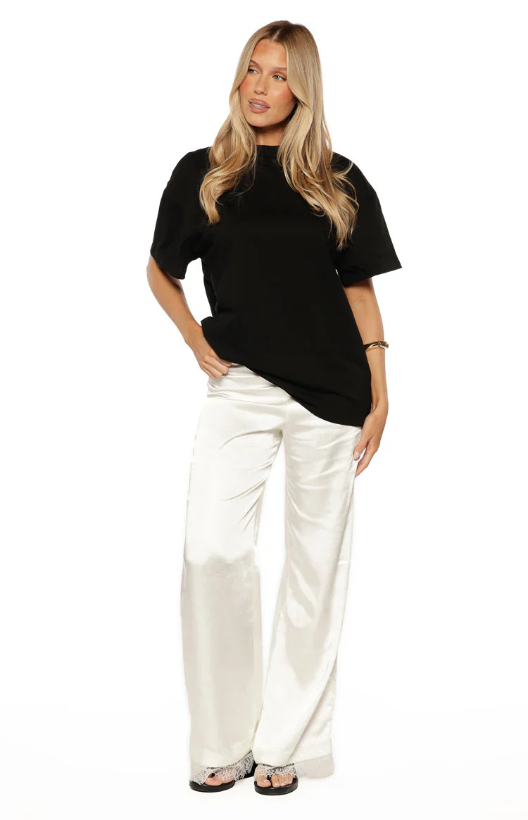 Orla Ivory Satin Straight Leg Lace Trim Pants | Beginning Boutique | Beginning Boutique (US)