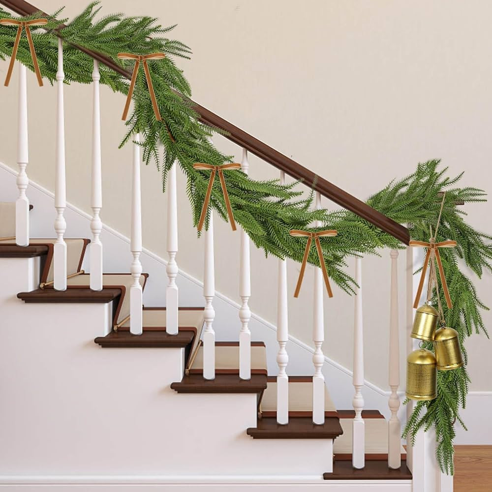 6 Feet Artificial Norfolk Pine Garlands with Christmas Bells and Velvet Ribbon for Christmas Deco... | Amazon (US)