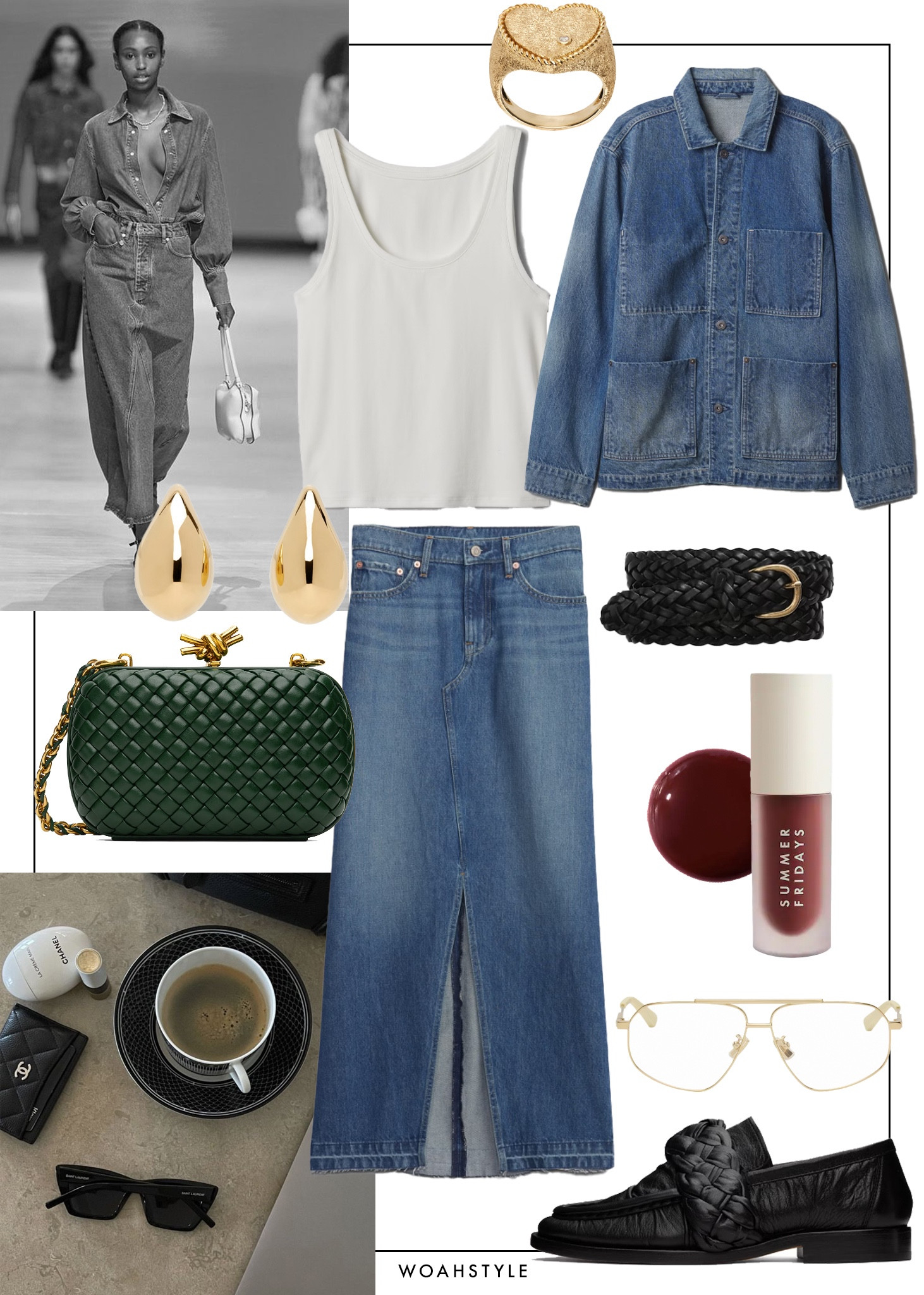 Denim outfit idea featuring a GAP maxi skirt, mens jacket, Bottega clutch, loafers and glasses  

#LTKitbag #LTKover40 #LTKstyletip