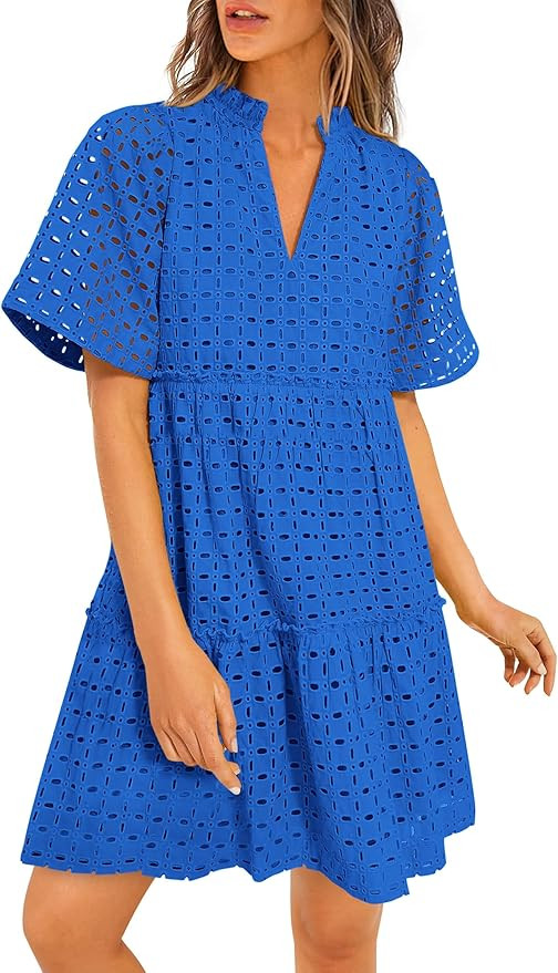 PRETTYGARDEN Women's Short Sleeve Mini Dress 2025 Summer V Neck Hollow Out Eyelet Ruffle A Line S... | Amazon (US)