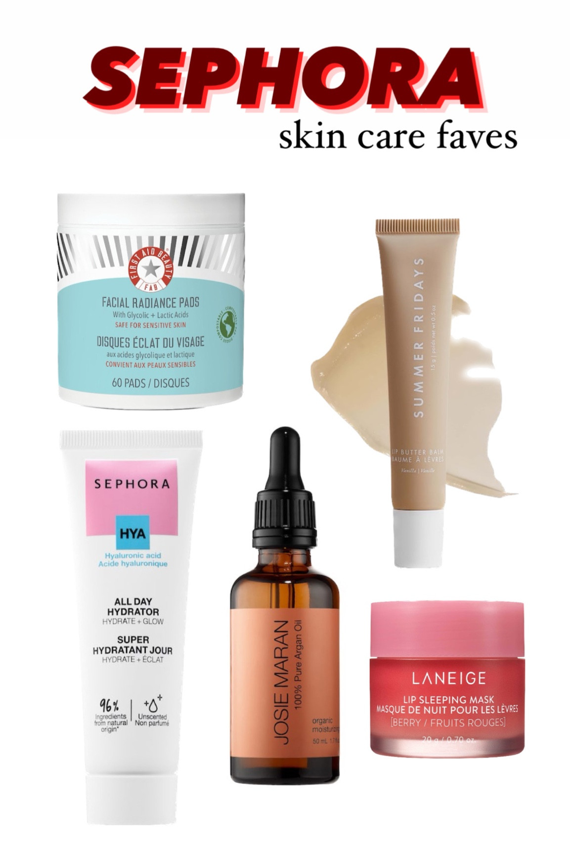 First Aid Beauty Radiance Peel Pads
Summer Fridays Lip Butter 
Laneige Lip Sleeping Mask
Sephora All Day Hydrator 
Josie Marian 100% Pure Argon Oil

#LTKbeauty