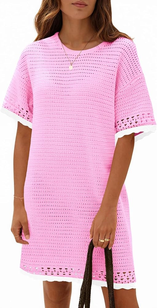 Fisoew Womens Crochet Knit Dress Summer Short Sleeve Cotton Casual Loose Coverups Beach Vacation ... | Amazon (US)