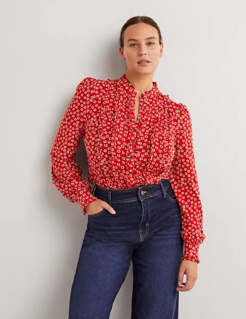 Ruffle Jersey Shirt - Poinsettia, Daises | Boden (US)