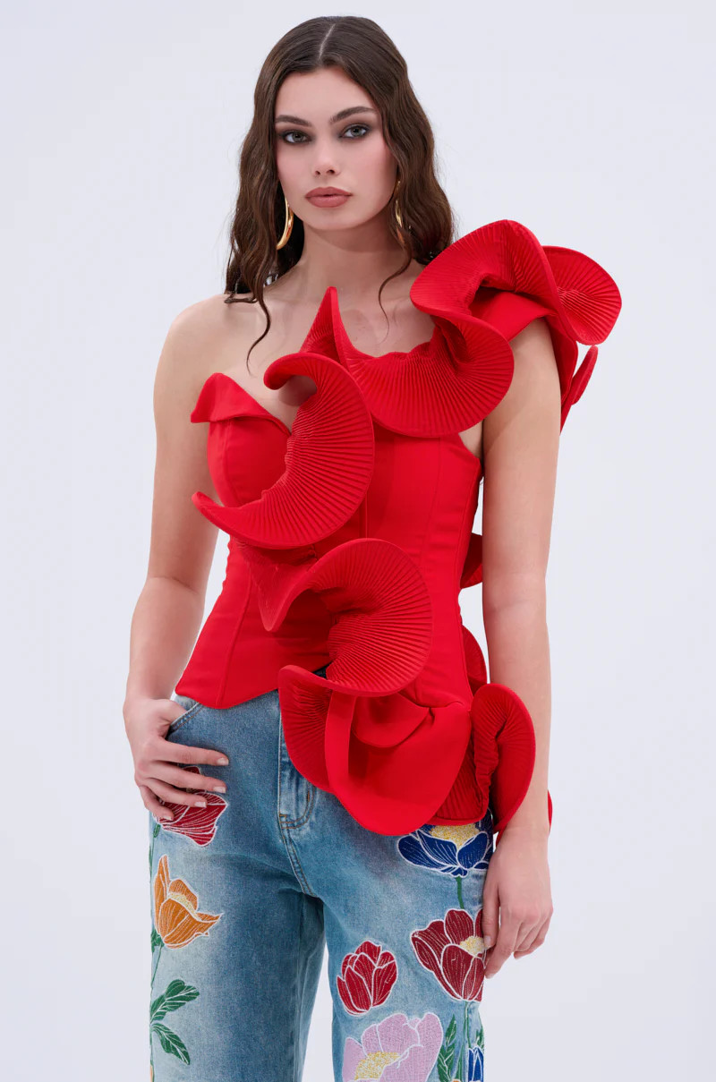 ABSTRACT RUFFLE OFF THE SHOULDER BLOUSE | AKIRA