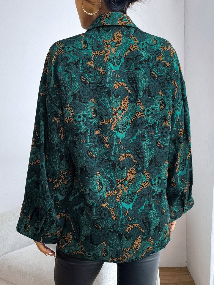 Aveloria Paisley Print Pocket Front Drop Shoulder Blouse ,Long Sleeve Tops | SHEIN