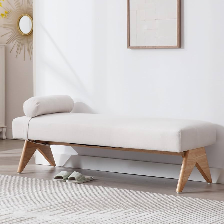 55 Inch End of Bed Bench, Modern Linen Upholstered Bedroom Bench Seat with Natural Wooden Legs, E... | Amazon (US)