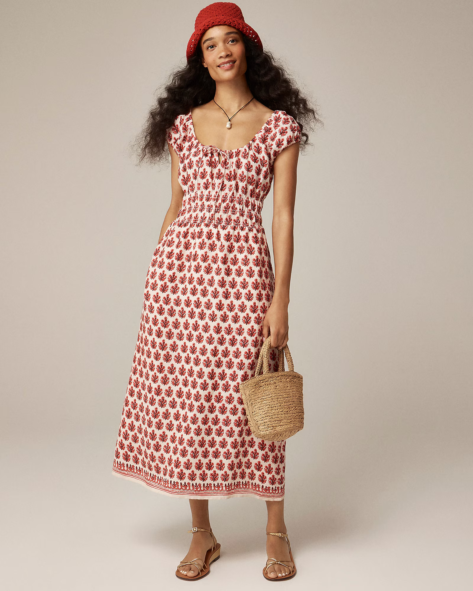 Cap-sleeve midi dress in block-print linen | J. Crew US