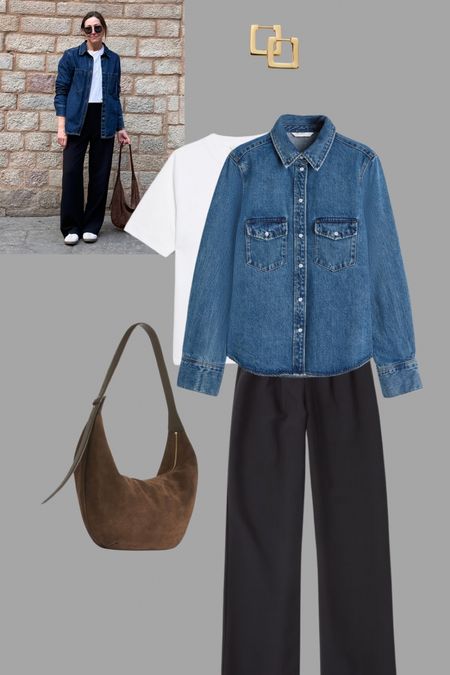 Brown and denim look. Simple black tailored trousers with the perfect high street tee. Add a dark denim shirt, brown suede bag and sambas for an easy spring look. 
