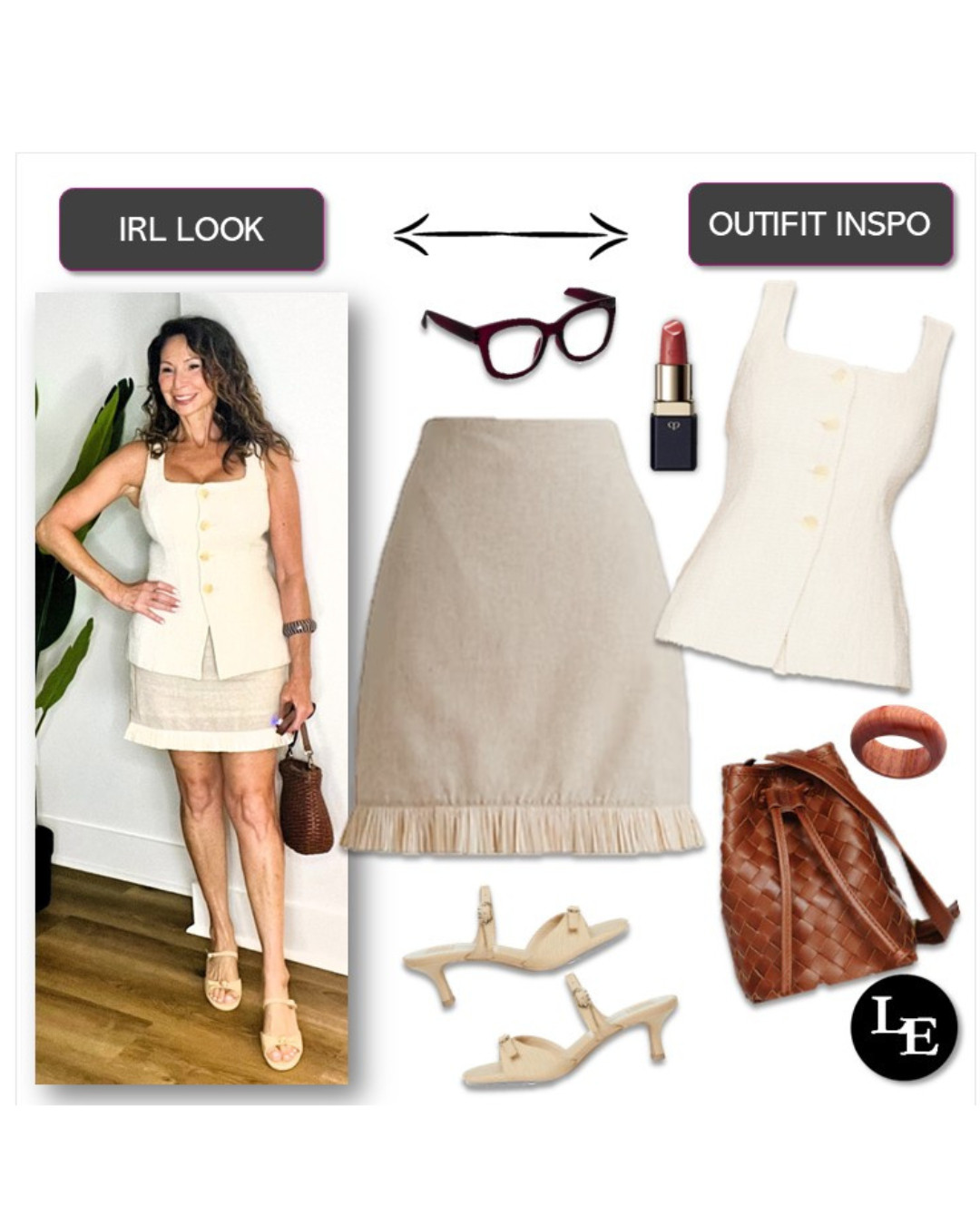 Summer outfit formula:  monochromatic beige outfit consisting of different textures.  Easy, chic and elevated.  Think linen skirt paired with a textured vest. 

 #LTKSeasonal #LTKStyleTip