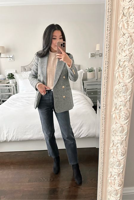 fall to winter business casual outfit for cold weather // houndstooth blazer & black washed jeans 

•J.Crew jeans 24P - also check out the similar Madewell grey jeans on sale and linked below. The Madewell have a slim straight tapered leg fit that I’ve been loving. In comparison, the J.Crew jeans have a wider true straight leg fit. 
•J.Crew Bristol blazer 00P
•J.Crew mockneck sweater xxs
•Ann Taylor booties sz 5

#petite 

#LTKworkwear #LTKSeasonal #LTKsalealert
