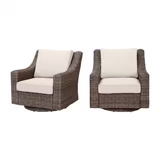 Hampton Bay Rock Cliff Brown Wicker Outdoor Patio Swivel Rocking Chair with CushionGuard Almond T... | The Home Depot