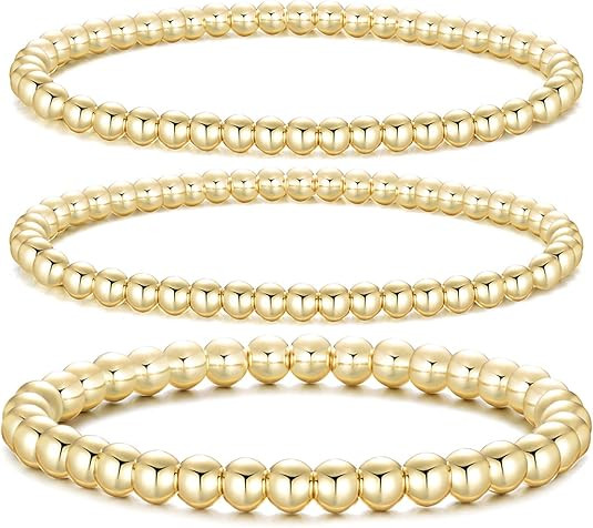 Dndty 14K Gold Plated Bead Ball Bracelets Stretchable Elastic Gold Beaded Bracelets for Women | Amazon (US)