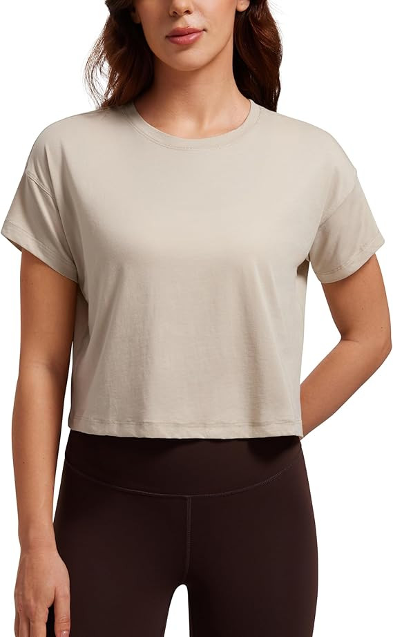 CRZ YOGA Pima Cotton Relaxed Crop T-Shirts for Women - Workout Athletic Gym Casual Short Sleeve S... | Amazon (US)
