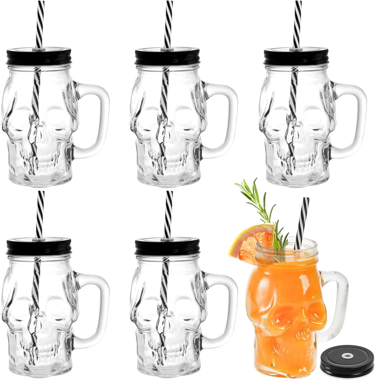 TOPZEA 6 Pack Glass Mason Drinking Jars with Handle, 16 Oz Skull Beer Mugs Wide Mouth Tumbler Cup... | Amazon (US)