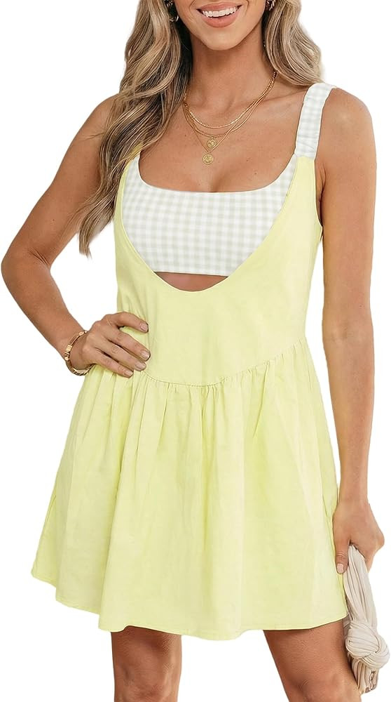 Women's Patchwork Plaid Mini Dress Summer Faux Two Piece Gingham Contrast Loose Sleeveless Backle... | Amazon (US)