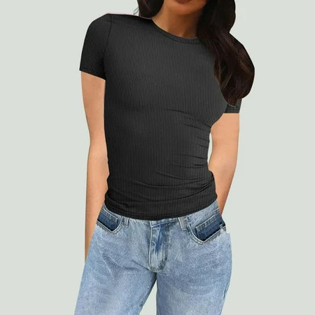 Black Tshirts for Women Fashion Casual Solid Color Slim Fit Short Sleeve T Shirt Womens Shirts | Walmart (US)