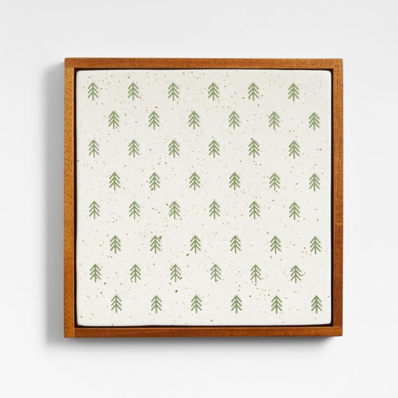 Green Trees with Wood Frame Trivet | Crate & Barrel | Crate & Barrel