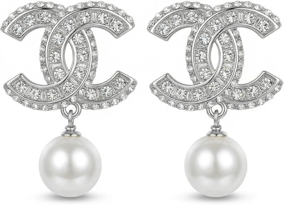 Crystal Embellished Stud Earrings with Pearl Drop, Silver Tone | Amazon (US)