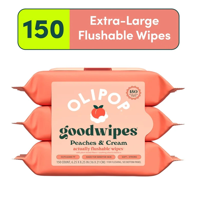 goodwipes Flushable Butt Wipes, Olipop Peaches & Cream Scented, 3 Pack, 150 Total XL Wipes | Walmart (US)
