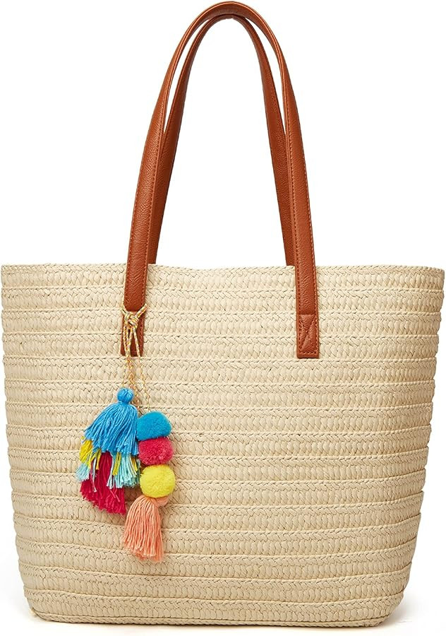 Epsion Straw Beach Bags Tote Tassels Bag Hobo Summer Handwoven Shoulder Bags Purse With Pom Poms | Amazon (US)