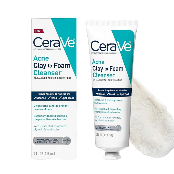 CeraVe Clay To Foam Acne Face Wash, Multi-Use Salicylic Acid & Kaolin Clay Acne Spot Treatment Cl... | Amazon (US)