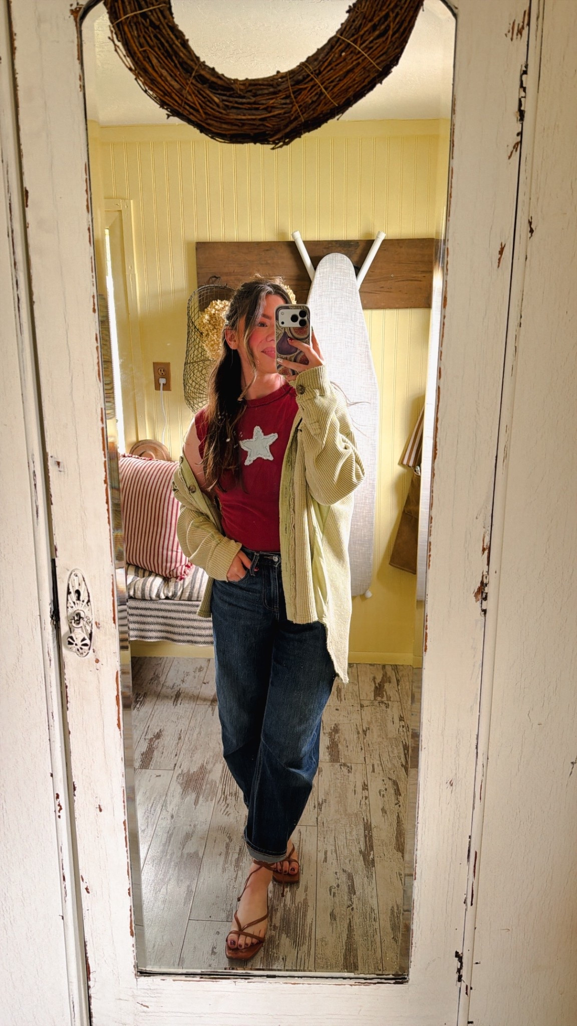 Transitioning into spring outfit inspo. A light jacket over a wider sleeve tank with barrel jeans and gladiator sandals. Wearing my true size in everything!

#LTKPetite #LTKootd