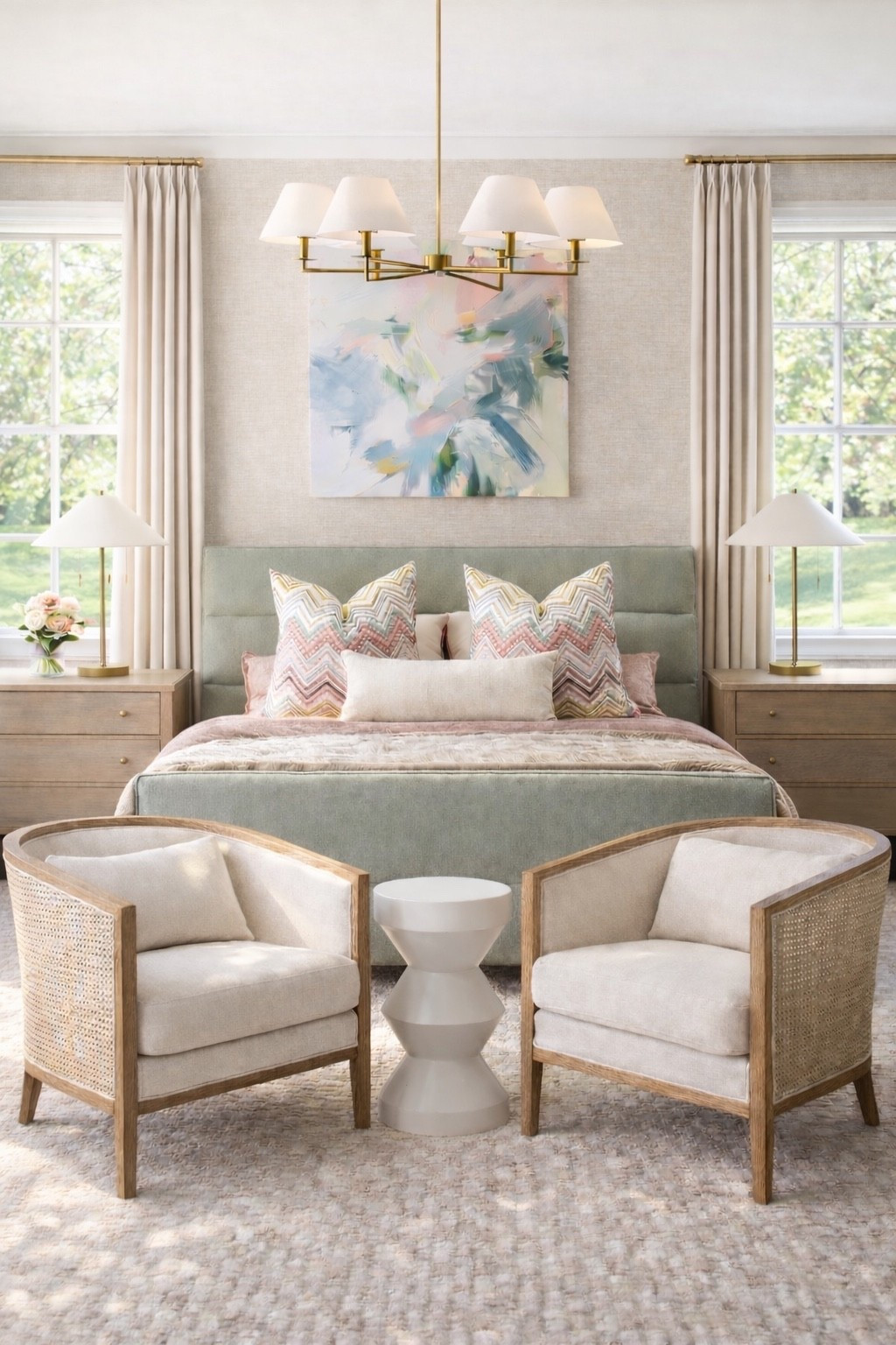 A pastel and oak inspired bedroom 

#bedroom #bed #chair #homedecor