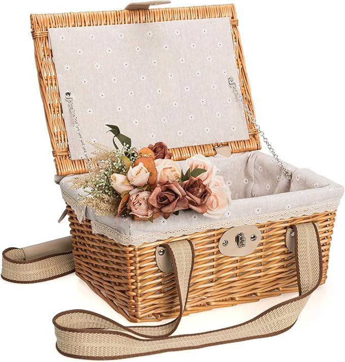 Picnic Basket for 2 Persons, Handmade Wicker Picnic Basket with Two Woven Canvas Handles & Washab... | Amazon (US)