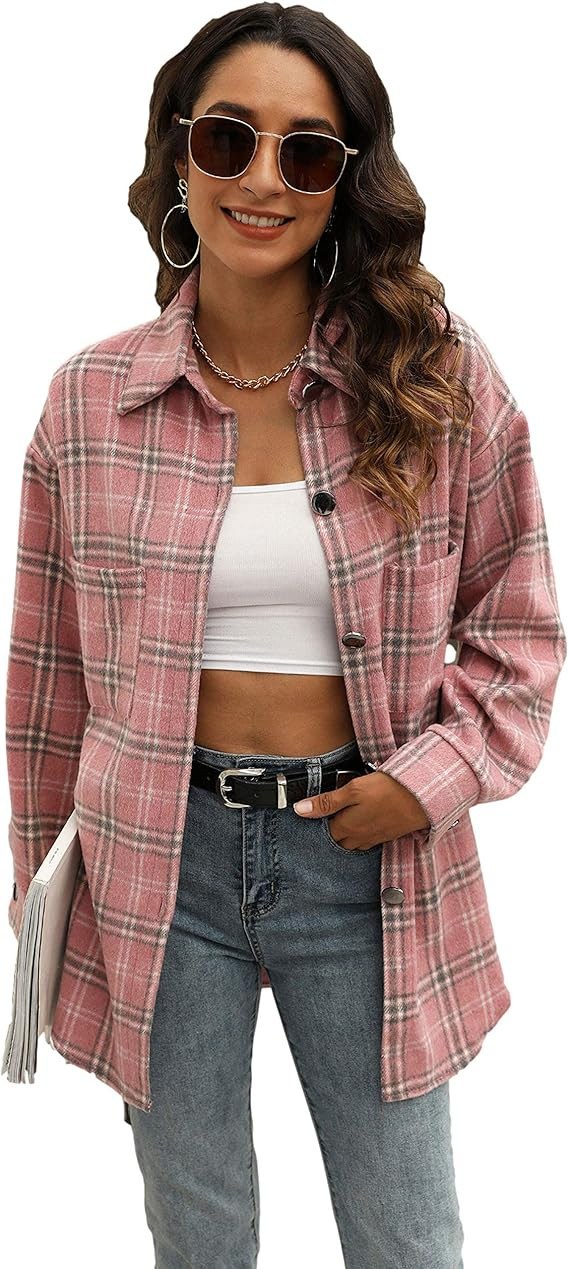 Qiaomai Women's Casual Plaid Lapel Button Up Short Brushed Shacket Blouse Top Coat | Amazon (US)