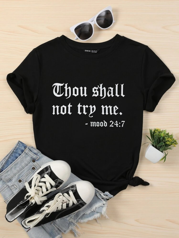 Flirla Plus Slogan Graphic Tee, Thou Shall Not Try Me, Women Summer Top | SHEIN